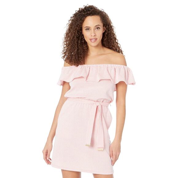 Michael Michael Kors Women Pink Pinstripe Off-the-Shoulder Mini Dress Size L - Picture 2 of 5